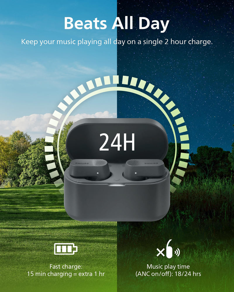 Philips TAT3519 Wireless Earbuds,True Wireless Headphones with Noise Canceling Pro,Dynamic Bass,Clear Call,24 H Battery Life,Fast Charging,Bluetooth 5.3,IPX4,App/Touch Control,Black With tips T3519|Durable playtime