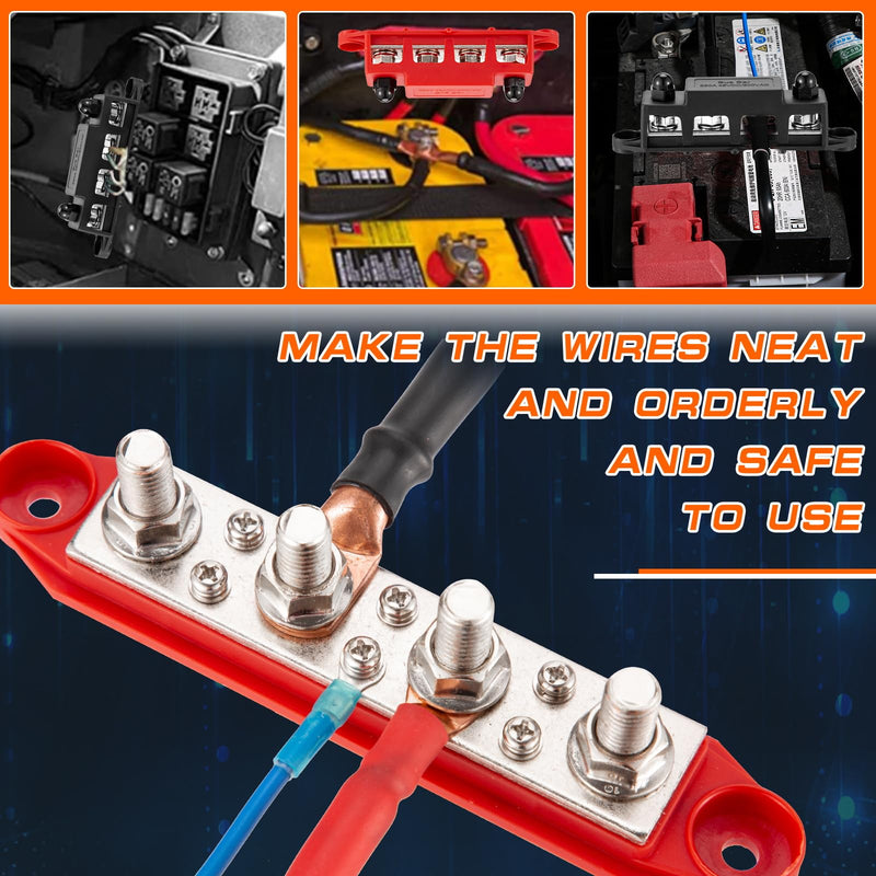 250 A 12 V Busbar 4 x M8 (5/16 Inch) Terminal Bolts DC Bus Bars Distribution Block with Cover, Negative & Positive High Performance Module BusBar Box for Car, Boat, Solar System (M8)