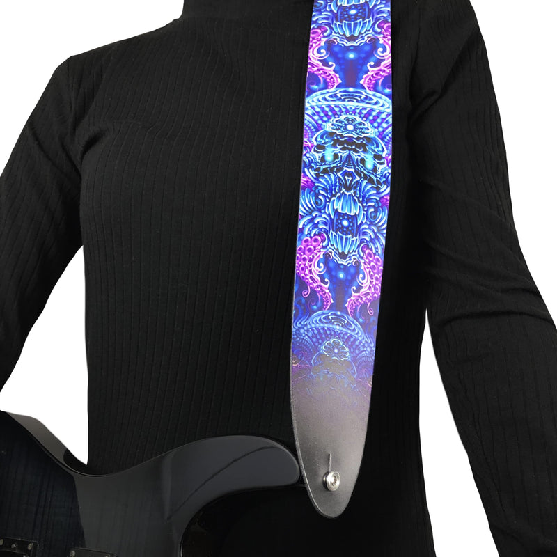 Perri's Leathers, Official David Bolt Prosperity Mandala Licenced Leather Guitar Strap, Direct to Leather Series, Anti-Slip, Adjustable from 42.5" to 56" Inch, Compatible w/All Button Lock Systems 56" Purple