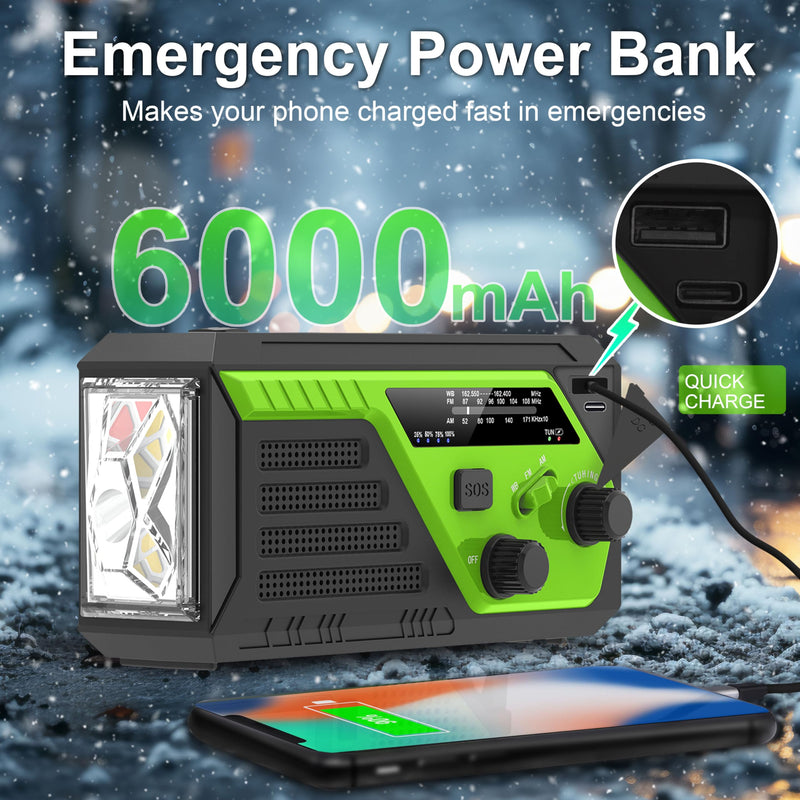Hand Crank Emergency Radio, 6000mAh AM/FM/NOAA Weather Radio, Hand Crank Radio with 4 Built-in Cable, Emergency Weather Radio with Quickly Phone Charger, SOS Alarm for Emergency Winter Storm Green