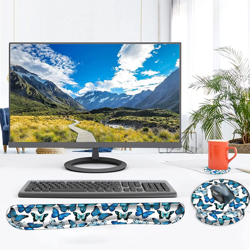 Mouse Pad Wrist Support and Keyboard Wrist Rest Pad with Coaster,Non-Slip Rubber Base Ergonomic Gaming Mousepad for Home Office Working Studying Easy Typing & Pain Relief,Blue Butterflies Blue Butterflies