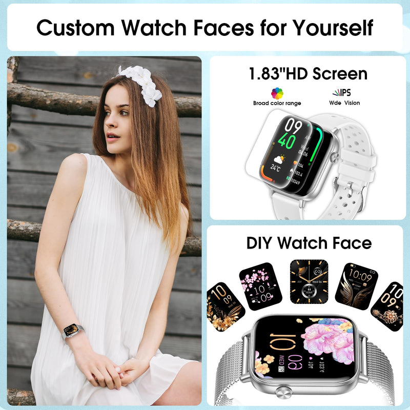 Smart Watches for Women,1.83"&1.85" HD Watch with Calls and Messages/Heart Rate/Sleep/Female Cycle,Fitness Tracker Smartwatch for Android/iOS Compatible,Silver & Gold