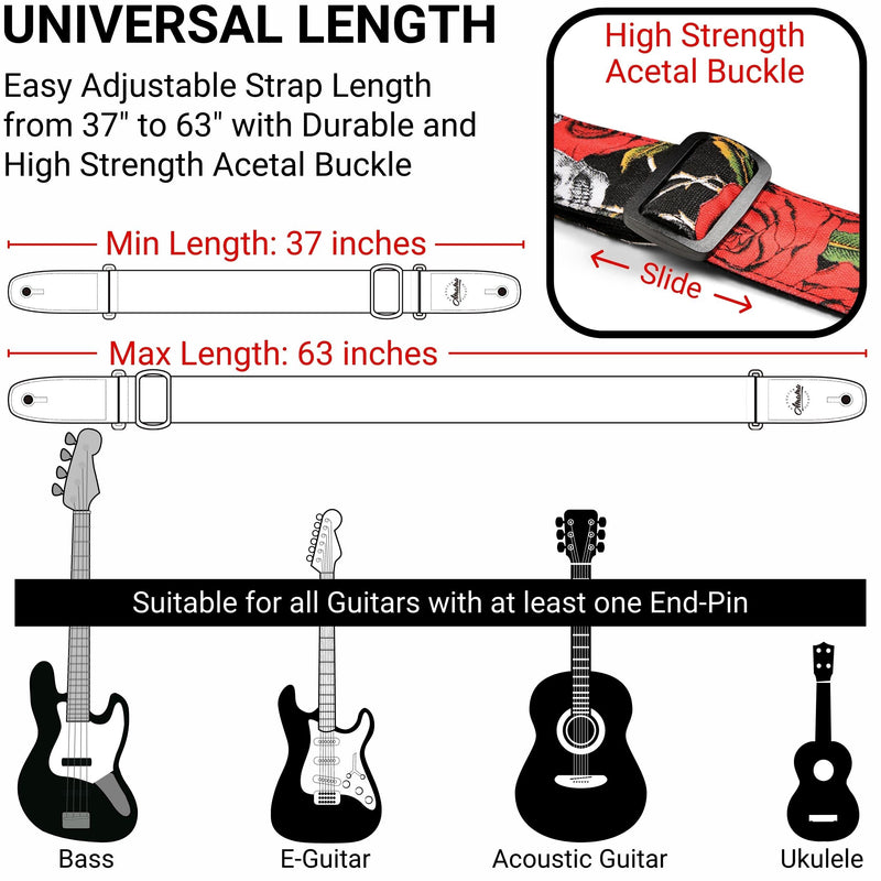 Amumu Guitar Strap – 2" Rose SKull Pattern for Acoustic, Electric and Bass Guitars, Adjustable 36'' - 63"