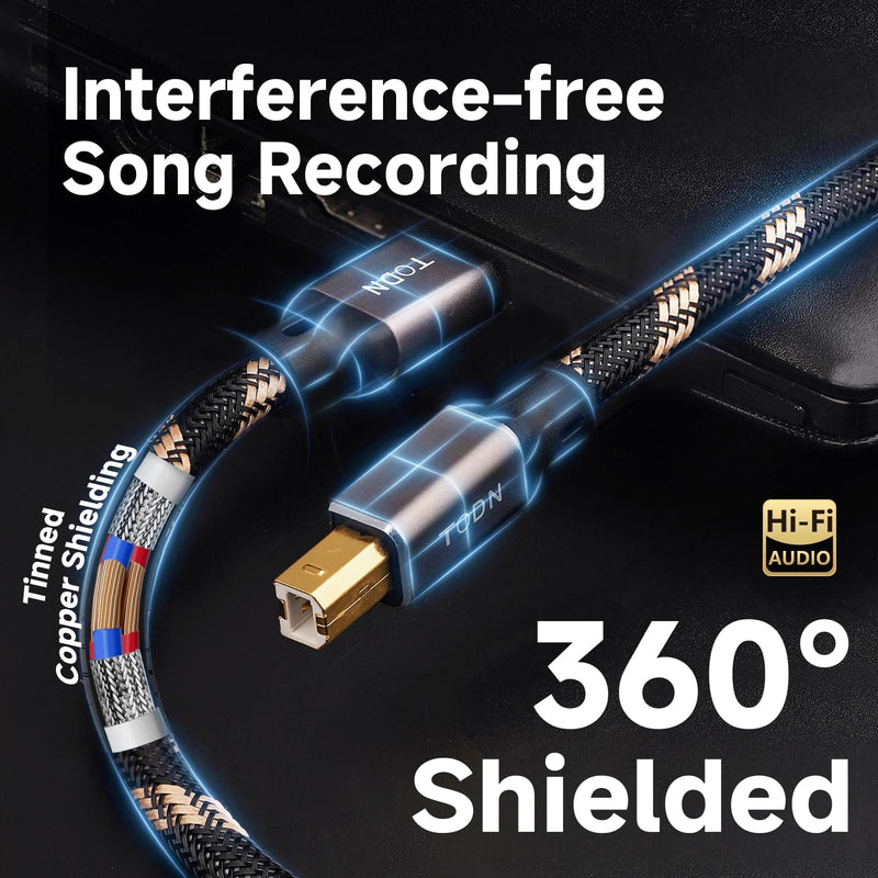 TODN 3ft USB A to USB B 99.9999% OCC HiFi Shielded Audio Cable for DAC | 3.0 24K Gold‑Plated Plugs USB Printer Cable, Aluminum Alloy Shell, Nylon Braided for Sound Card, Digital Piano, Mixer USB A to B Max 3FT/1M
