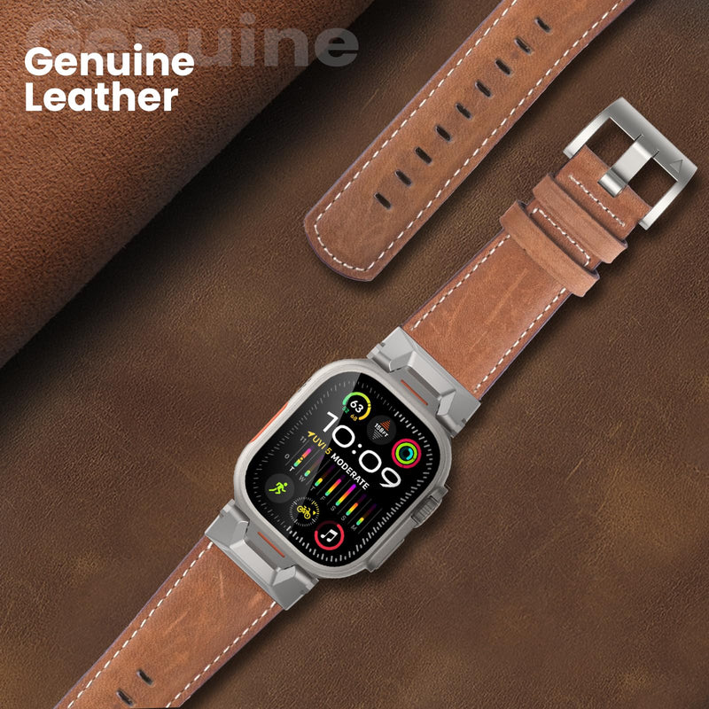 Top Grain Genuine Leather Compatible with Apple Watch Ultra Band 49mm 46mm 45mm 44mm 42mm, Rugged Metal Connector Band Strap for for Women Men iWatch Ultra 2/1 Series 10 9 8 7 6 5 4 3 2 1