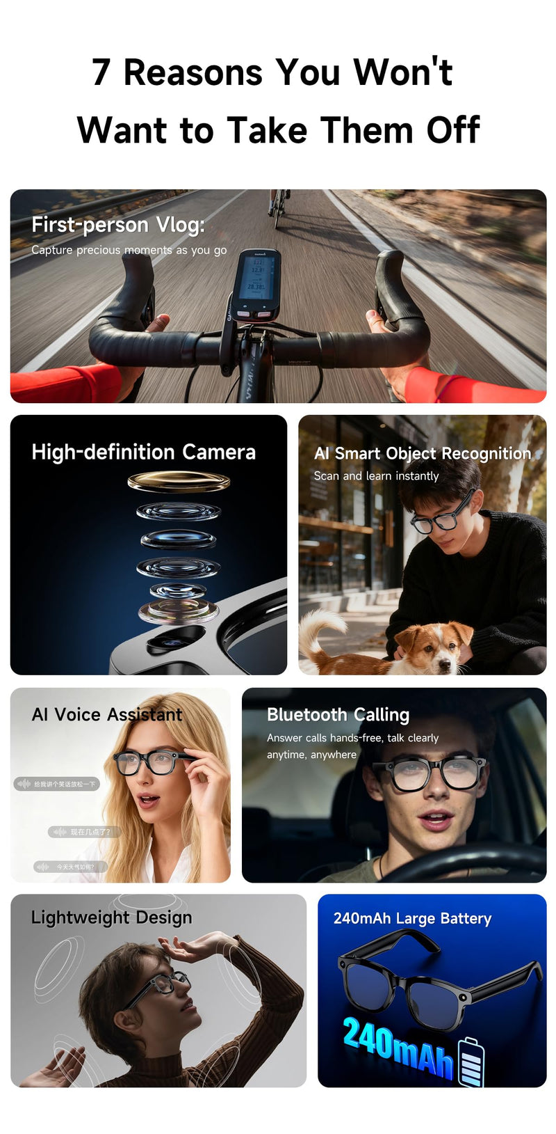 AI Smart Glasses with 4K EIS Anti-Shake Camera, Real-Time Multi-Language Translator Open-Ear Bluetooth Audio Hands-Free Recording Glasses for Travel Vlogging Business Meetings (Black(GS-98)) Black(GS-98)