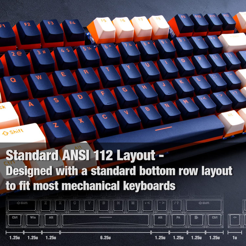 GunMjo PBT Doubleshot Keycaps for Gaming Keyboard with Cherry MX Switches, OEM Profile 112 Keys with 6.25U Space Bar, Bevel Cut Keycaps for Mechanical Keyboard, Blue/White with Orange Bottom