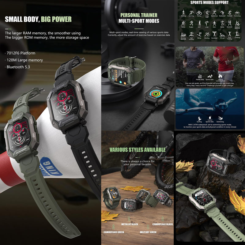 Military Smart Watch for Men(Answer/Make Calls), 1.81”AMOLED 5ATM Waterproof Fitness Watch with Heart Rate/SpO2/Blood Pressure, Bluetooth Smartwatch for Android iPhone, with 3 Watch Bands (Green) Green