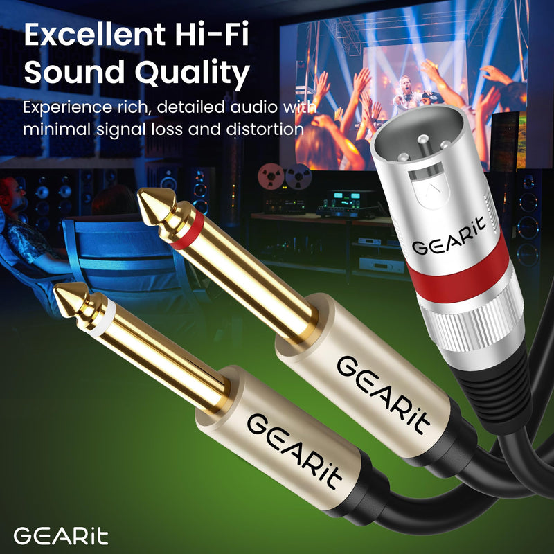 GEARit XLR Male to Dual 1/4 inch Cable (15ft) Y-Cable Splitter Adapter Cord TS Mono Stereo, Compatible with Guitar, Bass, Instruments, Mixer, Amps, Speakers, Audio Recording, PC, 15 Feet Black
