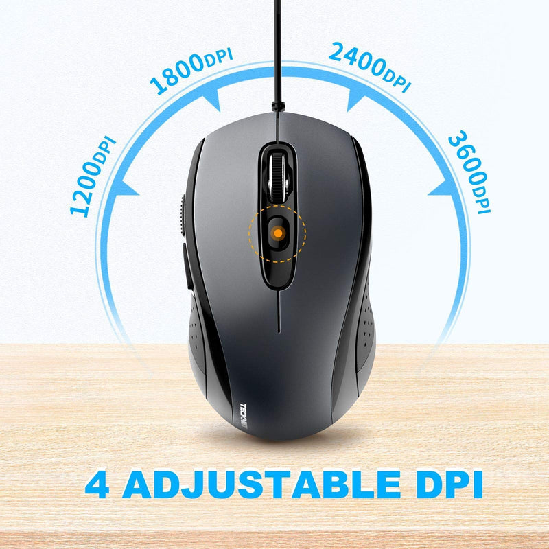 TECKNET Wired Mouse, USB Wired Computer Mouse, 3600DPI 4 Adjustable Levels, 6-Button Ergonomic Mice, Home and Office Mouse for Laptop PC Desktop Notebook - Grey