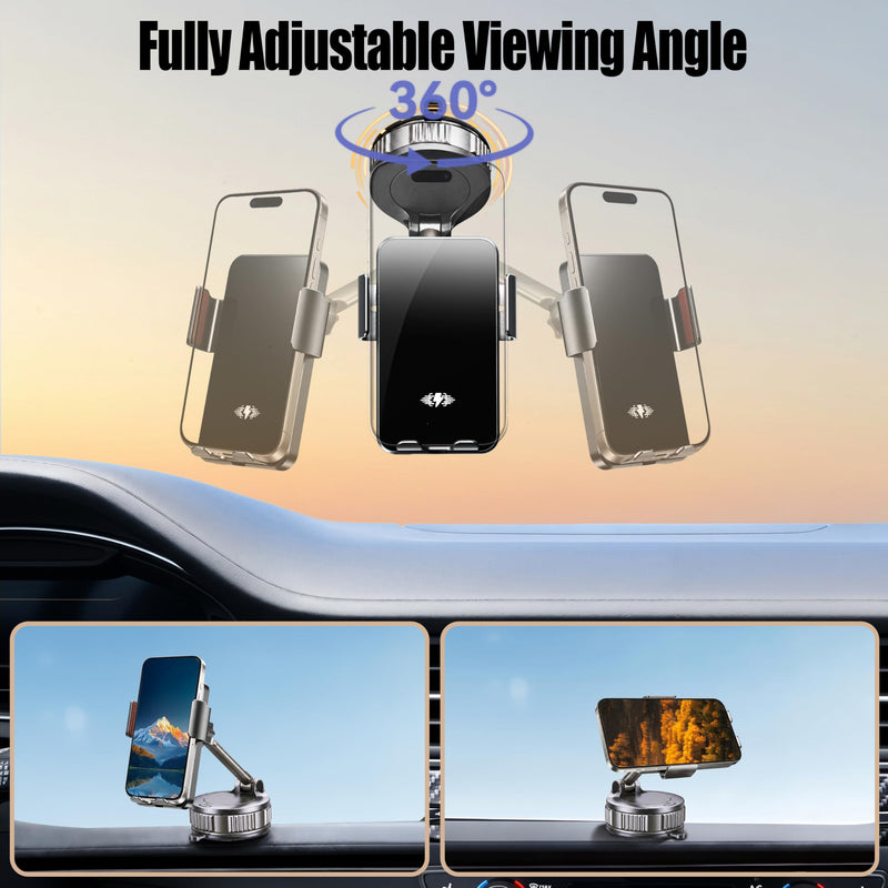 Car Phone Holder Charger, 15W Wireless Car Charger with Auto Clamp & Smart Sensor, Rotating Vacuum Suction Cup Dashboard/Windshield Phone Mount, 360° Adjustable Car Mount for iPhone, Samsung, Black for General Suction Cup PM