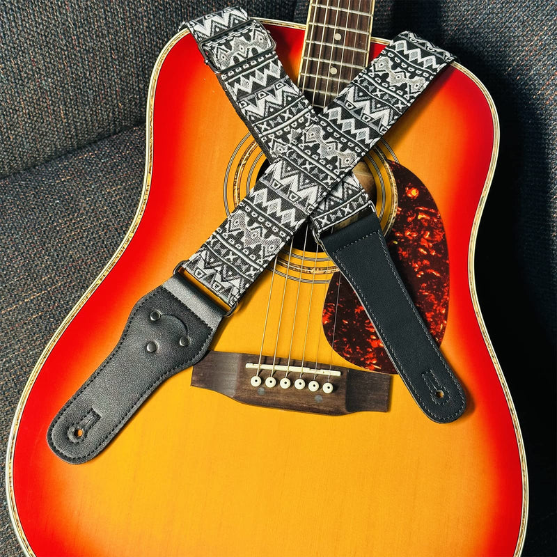 Guitar Strap-Vintage Woven, For Bass, Electric & Acoustic Guitar. FREE 2 Strap Locks + Headstock buttoned tie Black and White Bohemian