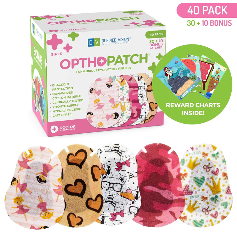 Opthopatch Kids Eye Patches - Fun Girls Design [Series I] - 30 + 10 Bonus Latex Free Hypoallergenic Cotton Adhesive Bandages for Amblyopia and Cross Eye - Reward Chart Poster by Defined Vision