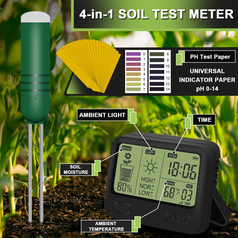 [AUSTRALIA] - 4-in-1 Wireless Soil Moisture Meter/Thermometer/Sunlight/Time,PH Paper, Waterproof Plant Moisture Sensor Meter with Digital LCD Display for Garden, Lawn and Indoor Plants 4-in-1 Display+2 Sensor 