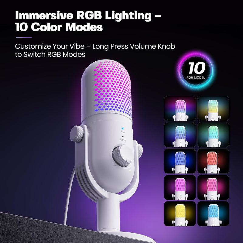 USB Microphone for PC Gaming: Condenser Microphone RGB for Gamer with Stand Mic - Recording Mic for Computer&Laptop with Qiuck Mute - Desk Podcast Mic for Podcast & Singing & Streaming & Youtube White