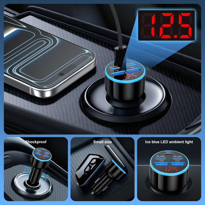 90W 5-Port Cigarette Lighter USB Charger Adapter USB C Fast Charging | Multi-Port USB C Car Charger Adapter with Voltmeter,Car Phone Charger with USB C Cable for iPhone 17 16 15Pro Max,iPad,Galaxy 1 Pack