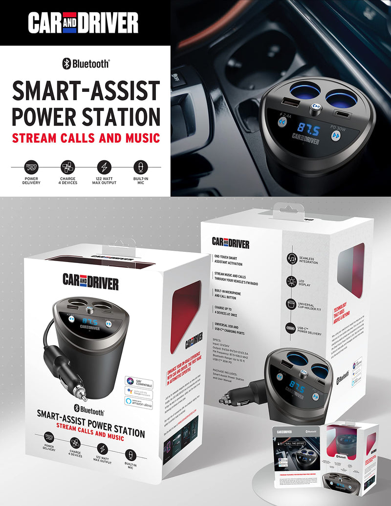 Car and Driver Smart FM Transmitter Bluetooth Cup Holder, Compatible with Alexa, Siri, and Google Assistant for Car, Dual USB-A and USB-C PD Fast-Charging Ports and Cigarette Lighter 12V Power Sockets 6057