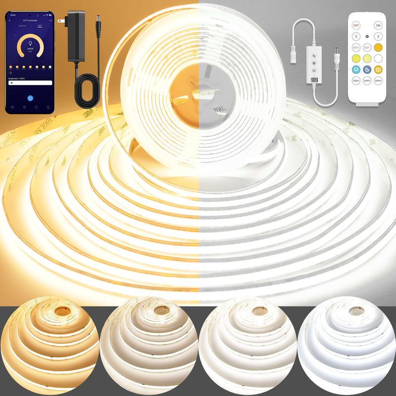 Pandery COB LED Strip Light,CCT Dimmable Strips Light,2700K-6500K,9.84ft/3m,8mm Wide,CRI90+ 24V LED Strips Kit with Bluetooth APP Control/Music Mode,for Bedroom,Kitchen,DIY Lighting 576CCT 9.84FT