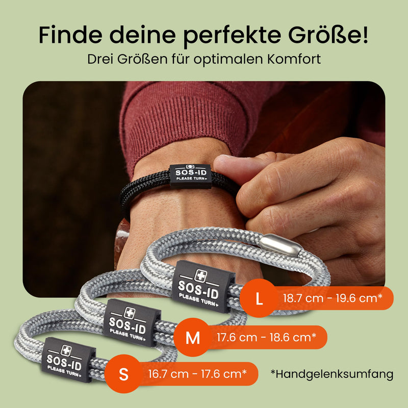 SOS-ID Lifestyle Emergency Bracelet Made of Heavy Duty Sailing Rope with QR Code (M/Silver) - Durable & Waterproof SOS Bracelet for Emergencies - Quick Access to Health Data Medium silver