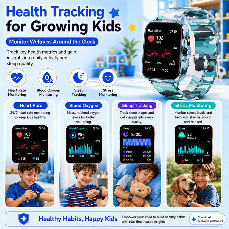 Smart Watch for Kids Boys Age 5-12, Ai Functions Games HD Touch Screen Watches with Video Camera Music Player Pedometer Heart Rate Sleep Tracker Christmas Birthday Gifts for Girls