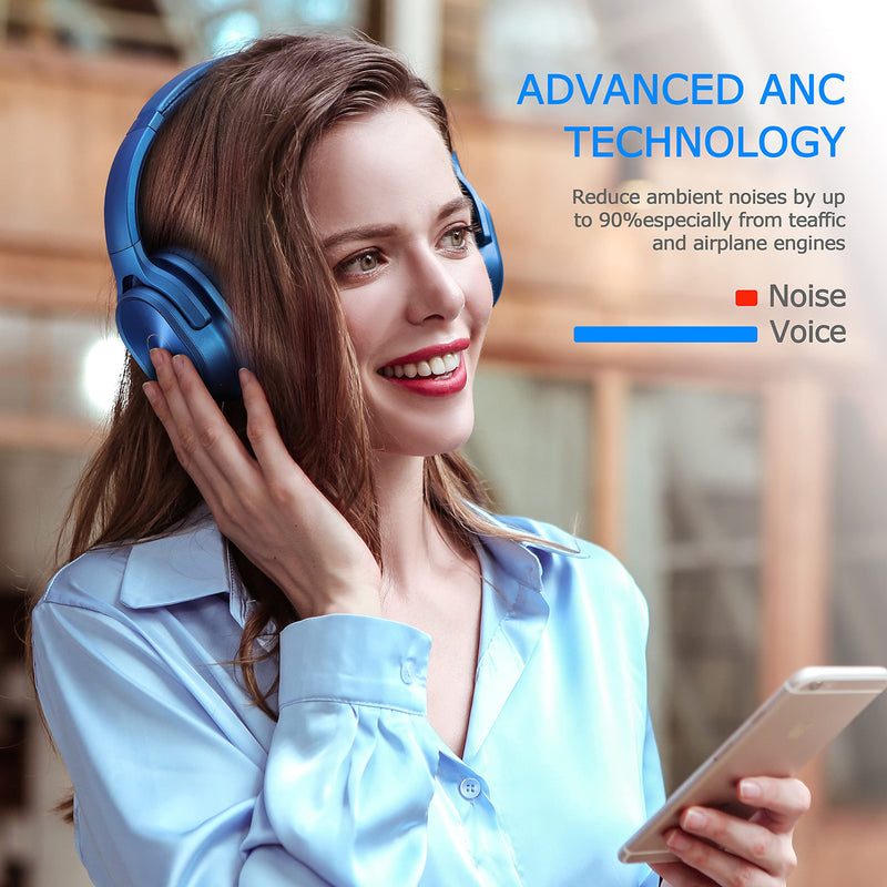 ZIHNIC Active Noise Cancelling Headphones, 40H Playtime Wireless Bluetooth Headset with Deep Bass Hi-Fi Stereo Sound,Over-Ear Headphone,Comfortable Earpads for Travel/Home/Office (Blue) Blue
