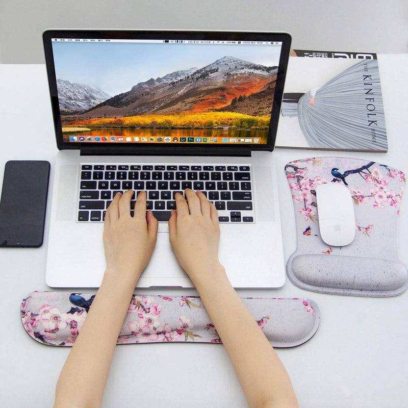 Ergonomic Keyboard Wrist Rest and Mouse Pad Wrist Rest Support Set,Comfortable & Lightweight Memory Foam Computer/Gaming/Office Wrist Set for Easy Typing & Pain Relief by AORTDES(Bird and Pink Flower) Kmwrp-19