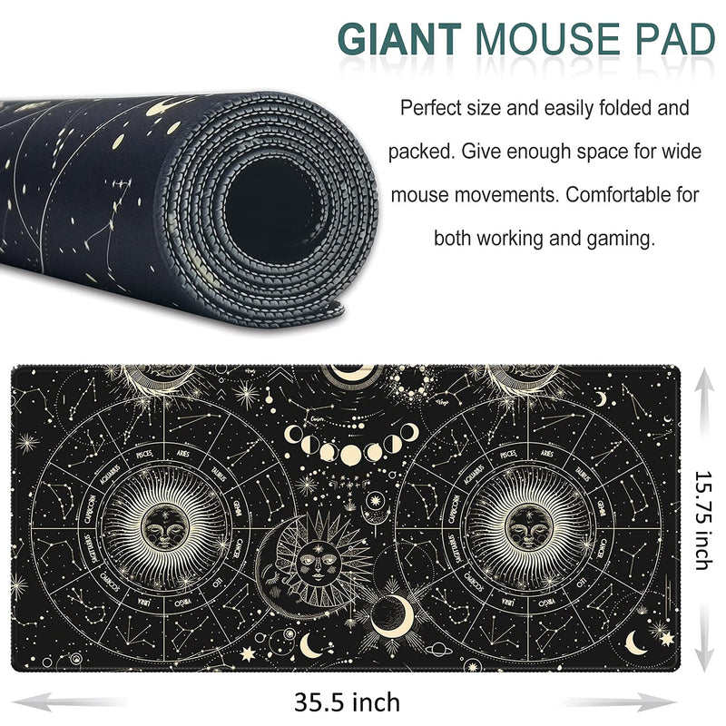 HOMKUMY Extended Gaming Mouse Pad, 35.5x15.75 Non-Slip Large Desk Pad Mousepad with Stitched Edges Waterproof Keyboard Mouse Mat Desk Protector for Game, Office and Home, Moon Sun Yellow