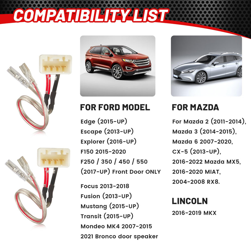 RED WOLF Front Rear Door Speaker Wiring Harness Adapter Connector Plug Replacement for Ford Focus Fusion Explorer Edge 2013-2021, Mazda 3 6 CX5 2011-2020 for Aftermarket Speaker Install 4PCS