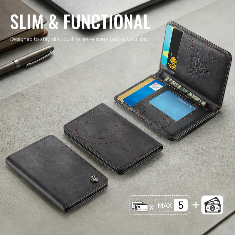 Magnetic Wallet Card Holder with RFID Protection, PU Leather Slim Wallet, Strong Magnet Attachment for iPhone 18/17/16/15/14/13/12 Series Pro Max Plus Mini-Black Black