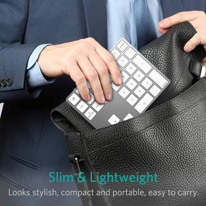 Bluetooth Numeric Keypad, Rechargeable Aluminum 34-Key Number Pad Slim External Numpad Keyboard Data Entry Compatible for MacBook, MacBook Air/Pro, iMac Windows Laptop Surface Pro etc Silver