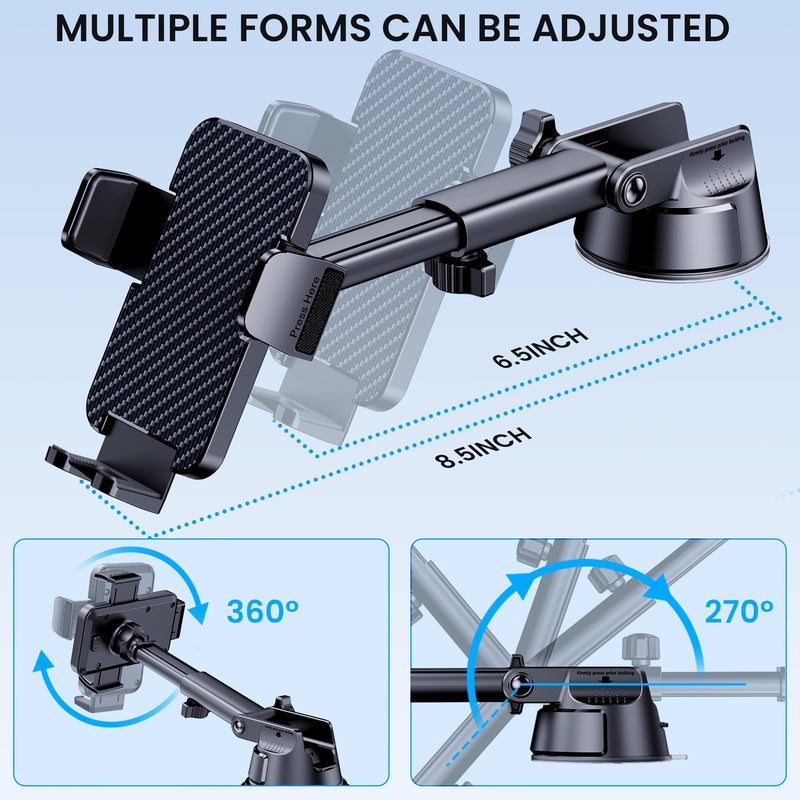 GUWEZ Phone Holder Car [Military Grade Suction Ultra Strong Base] Cell Phone Car Holder 3 in 1 Phone Mount for Car Dashboard & Carbon Fiber