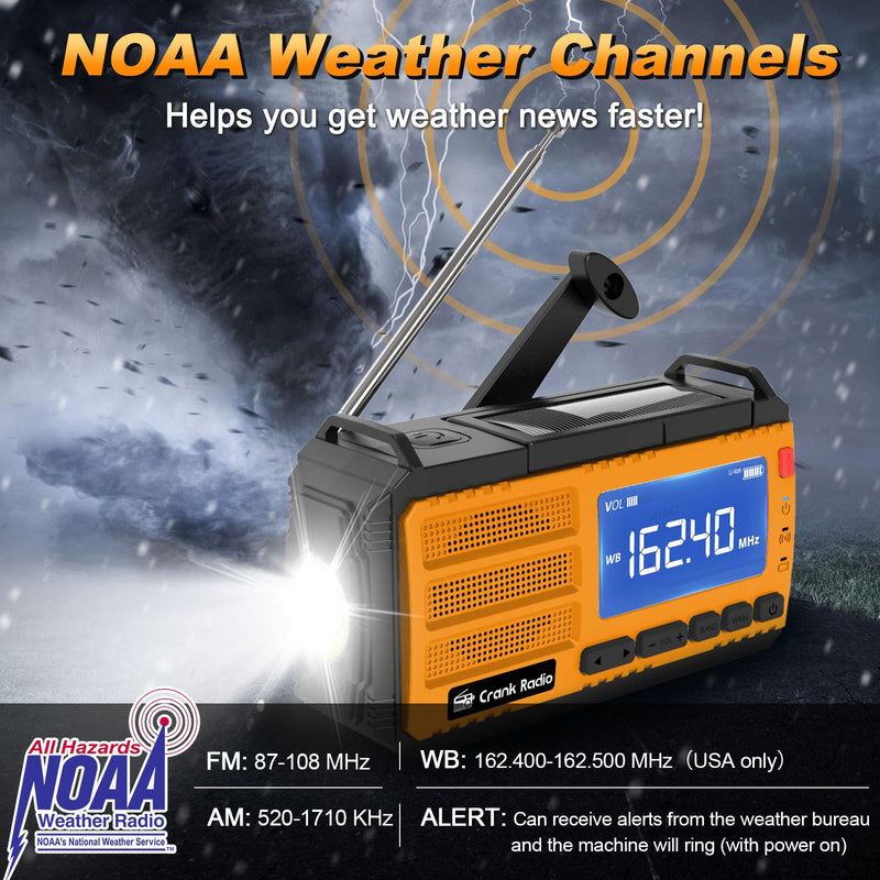 Emergency Weather Radio Solar Hand Crank Emergency Radio 37000mWh AM/FM NOAA Weather Radio with LCD Display 3 Mode Flashlight SOS Alarm Compass Headphone Jack for Winter Storm Emergency Orange