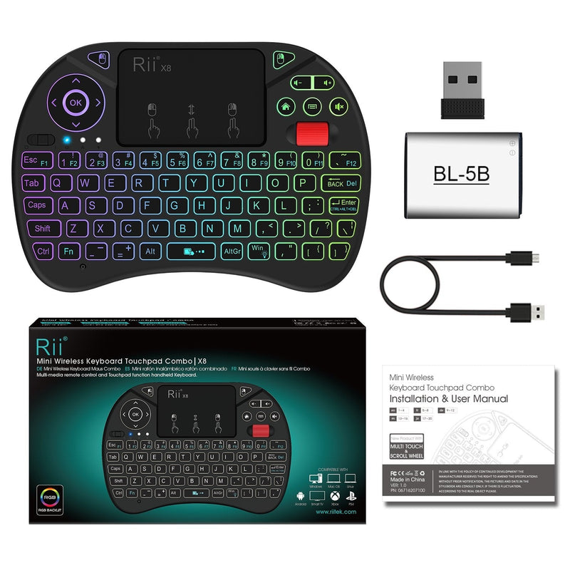 Mini Keyboard,Rii X8 Portable 2.4GHz Mini Wireless Keyboard Controller with Touchpad Mouse Combo,8 Colors RGB Backlit,Rechargeable Li-ion Battery for Google Android TV Box, PS3, PC, Pad,Nvidia Shield