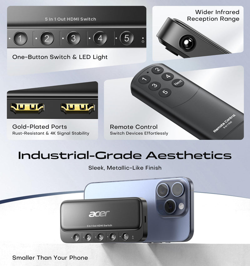 acer HDMI Switch 5 in 1 Out [4K@60Hz, HDMI 2.0, HDCP 2.3, HDR] Switcher with Remote, Supports DTS, Dolby, Work for PS5/Xbox/Switch/Roku/TV Stick/Projector Grey