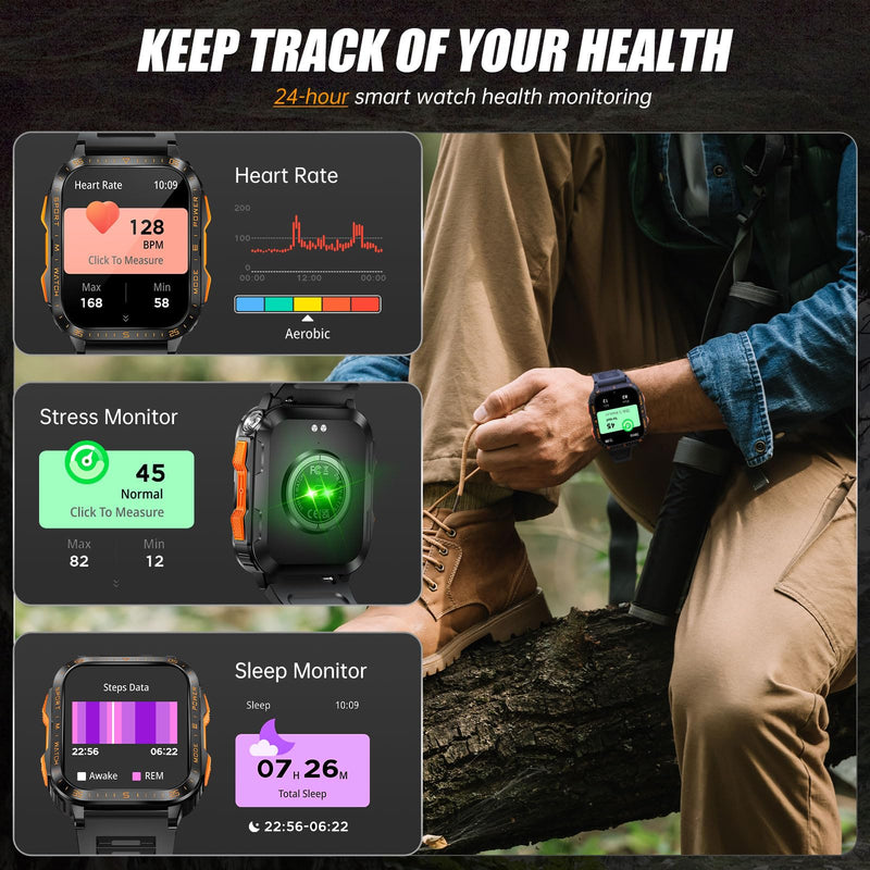 Military Smart Watch for Men with LED Flashlight/UV Light 3ATM Waterproof 1.96" Big Screen Rugged Tactical Smartwatch Fitness Tracker with HR/Sleep Monitor for iPhone Android (Two Watch Bands) | Bluetooth Call/3ATM Waterproof/110+ Sports Modes, HR/Slee...