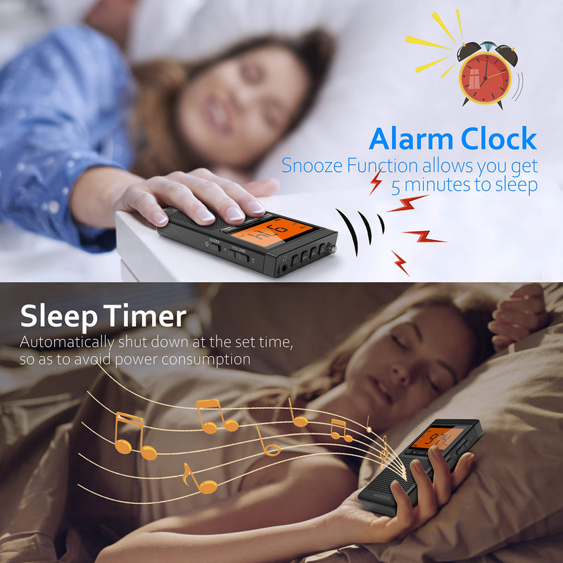 [AUSTRALIA] - AM FM Portable Radio Personal Radio with Excellent Reception Battery Operated by 2 AAA Batteries with Stero Earphone, Large LCD Screen, Digtail Alarm Clock Black 
