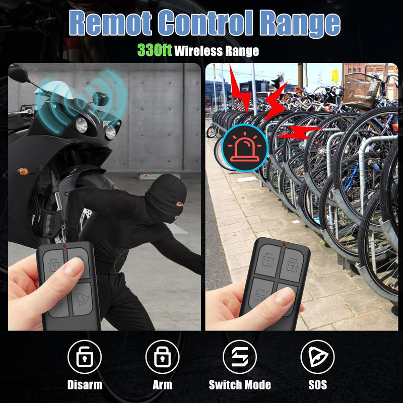 Wireless Remote Bike Alarm with Warning Light, Anti-Theft Alarm Vibration Motion Sensor, Loud Sound 120dB, IP65 Waterproof for Scooter Motorcycle Golf Car Trailer Garage Ebike Bike Alarm with Remote 1 Pack