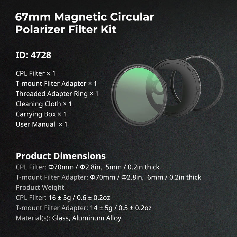 [AUSTRALIA] - SMALLRIG 67mm Magnetic Circular Polarizer Filter Including 67mm Threaded Filter Ring and T-Mount Filter Adapter, Magnetic CPL Filter Kit with Waterproof Scratch Resistant - 4728 