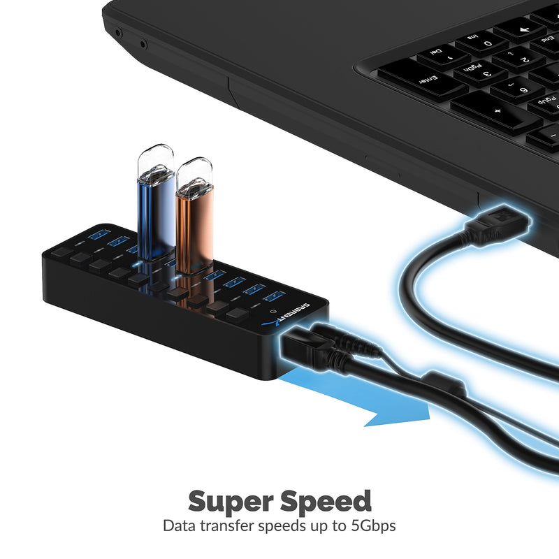 SABRENT 10-Port 60W USB 3.0 Hub with Individual Power Switches and LEDs Includes 60W 12V/5A Power Adapter (HB-BU10)