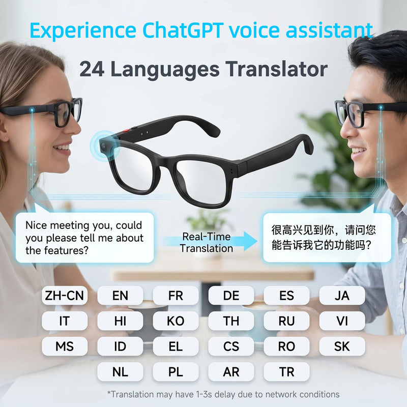 AI Smart Glasses with Voice Assistant & 1080P Camera, Bluetooth Audio & Real-Time Translator; with Anti-Shake Video, Magnetic Charging, Interchangeable Lens, Hands-Free Calling & Music