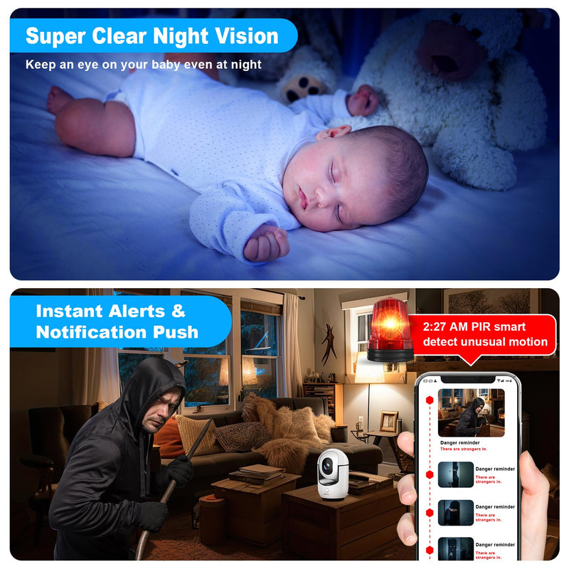 2K Pan/Tilt Security Camera, WiFi Indoor Camera for Home Security with AI Motion Detection, Baby/Pet Camera with Phone App, Color Night Vision, 2-Way Audio, 24/7, Siren, TF/Cloud Storage white