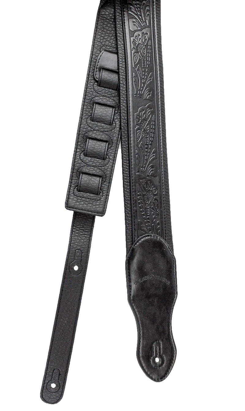 Walker & Williams G-118 Black on Black Padded Guitar Strap with Embossed Tooling & Padded Glove Leather Back For Acoustic, Electric, And Bass Guitars