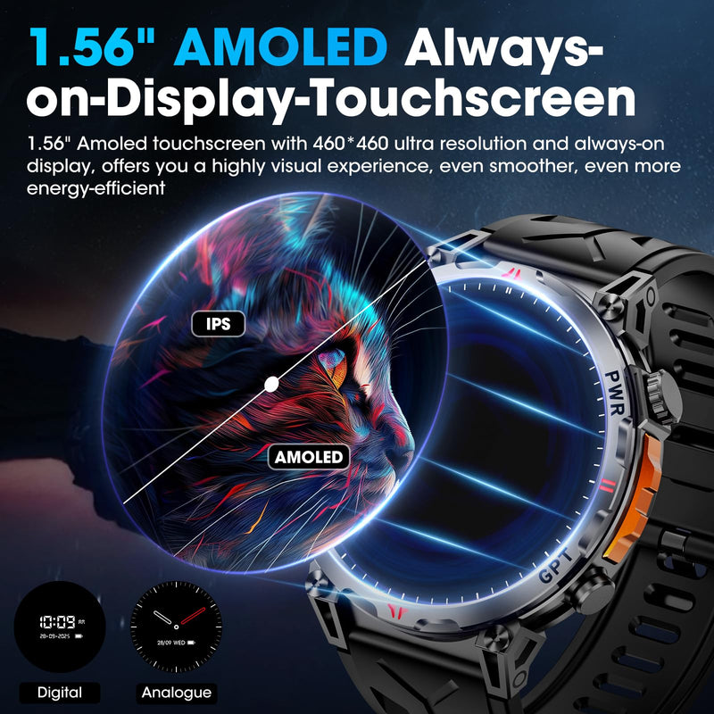 Military Smart Watches for Men with GPS/Compass,GPT Voice Assistant,1.56" AMOLED Screen,Smart Watch for Android and iPhone(Answer/Make Calls), Heart Rate/Sleep,Fitness Tracker Multiple Sports Modes Black