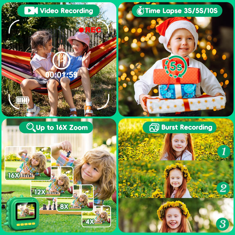 Kids Camera Instant Print,2.4 Inch Screen 12MP / 1080P HD Video Camera,3-12 Boys Girls Christmas Birthday Dinosaur Toys Gifts,Kids Instant Digital Camera Green
