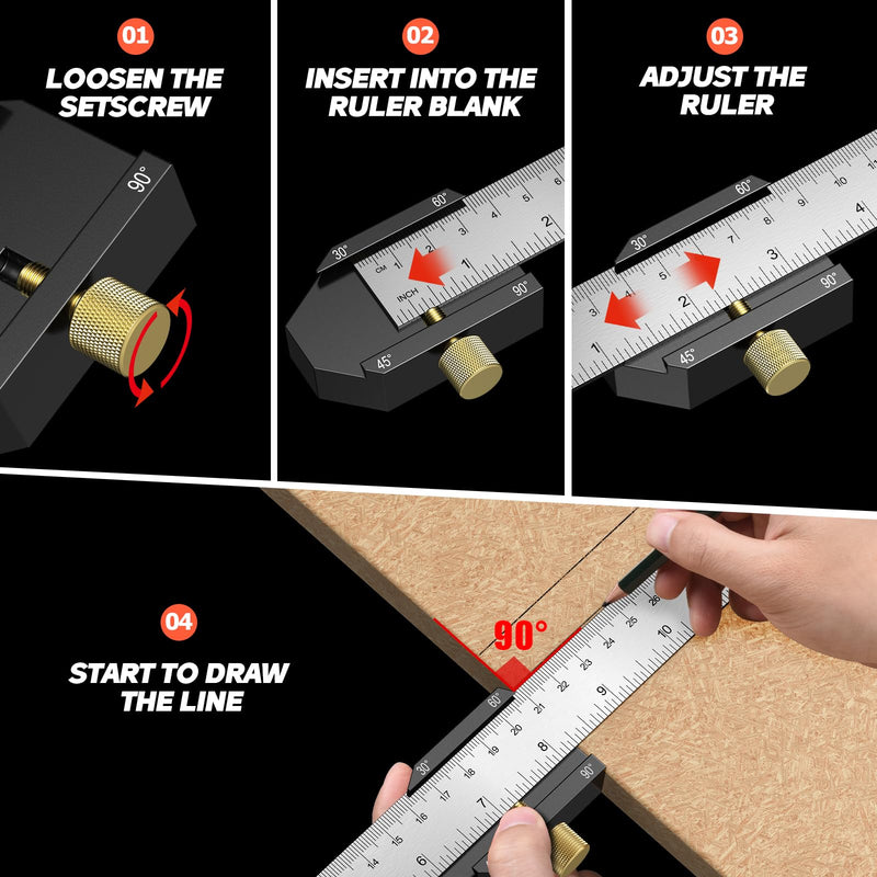 Marking gauge, 30°/45°/60° stop ruler, scribing tool with extra strong stainless steel ruler - 300 mm metal marking gauge with beech wood stopper for woodworking, DIY, crafts