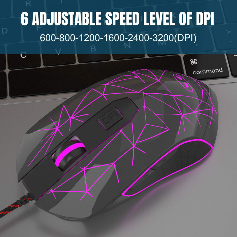 MageGee G6 Wired Gaming Mouse, Ergonomic USB Optical Mouse with 7 Colors Breathing LED Backlit, 6 Adjustable DPI Levels from 600 to 3200 for Laptop PC Computer Games & Work, Black