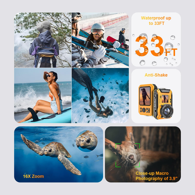 4K Underwater Camera 64MP 33FT Waterproof, 32GB Card Dual-Screen Dustproof | Suitable for Snorkeling, Vacation, UHD Autofocus Point-and-Shoot, Compact , Floatable, 1500mAh Battery, Type-C, Yellow