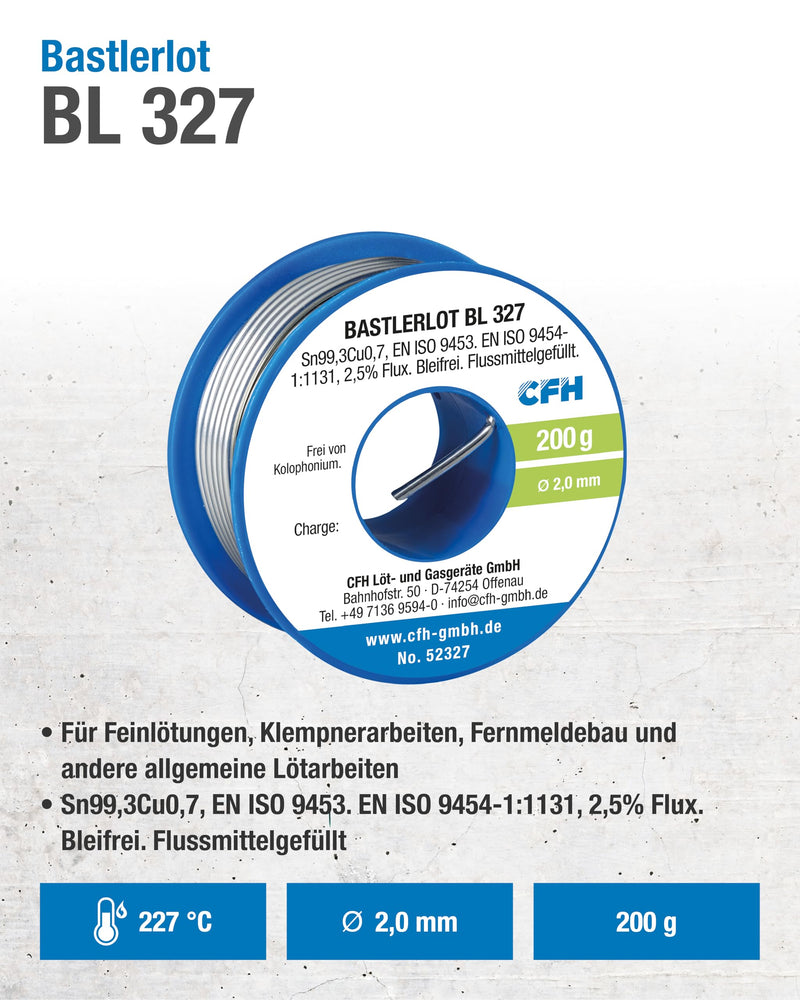CFH Bastlerlot EL 327 – Solder Diameter 2.0 mm, 200 g, Flux Filled, Lead-Free, Ideal Solder for Repairs and Soldering Projects in Crafts, High Quality, Made in Germany