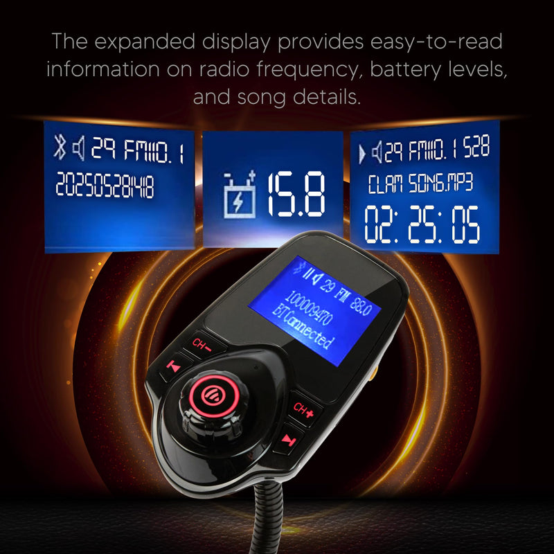 ONN Upgraded 2026 Bluetooth Car FM Transmitter, 1.44” LCD Display, Flexible Gooseneck, Hands-Free Calling, Dual USB Fast Charger, AUX & Micro SD Support for Cars, SUVs & Trucks