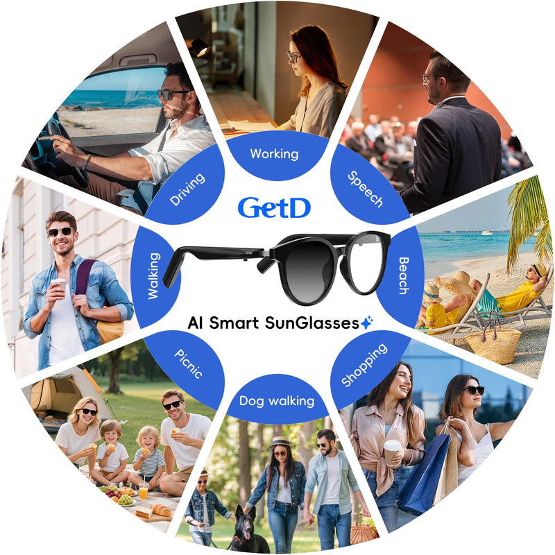 GetD AI Glasses for Men & Women, Smart Glasses Powered by ChatGPT with 145-Language Translation,Bluetooth 5.4 Glasses, Polarized & Photochromic Lenses, 11H Music Play for Driving and Daily Use